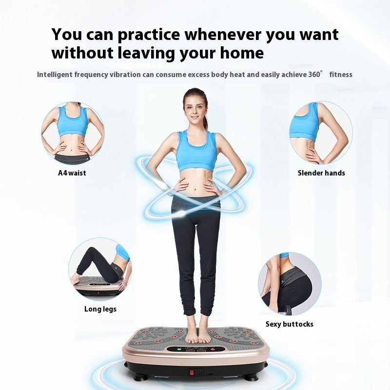 “Home vibration fitness platform for full-body workout with intelligent frequency vibration, helping to tone waist, legs, arms, and glutes. Adjustable multi-gear options and remote control features. Maximum load 100KG, 150W power, 220V-50/60Hz. Ideal for fitness, health massage, and body shaping at home.”