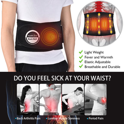 “Infrared heating belt with adjustable straps, featuring deep heat therapy, vibration massage, and moxibustion therapy for back and waist pain relief